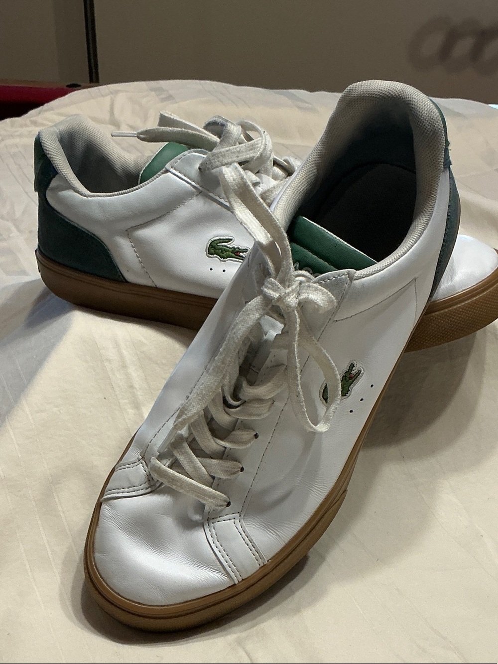 Lacoste White Leather Sneakers with Green Accents and Gum Sole